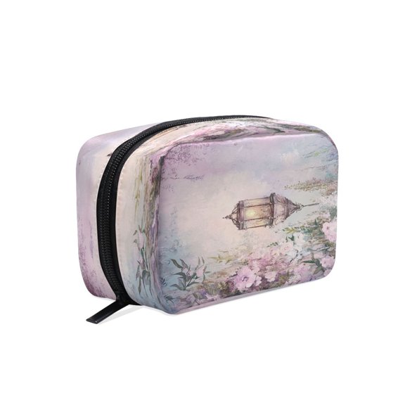 BZSMCE Makeup and Cosmetic Bag Women Simple Vintage Lamp with Flowers Pattern Square Cosmetic Bag