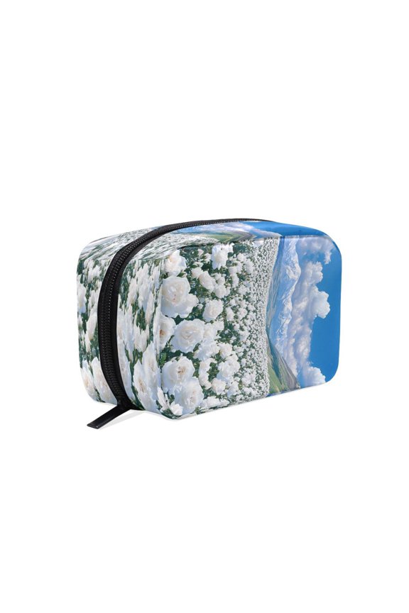Makeup and Cosmetic Bag Women Simple White Roses Snowy Mountains Sky Pattern Square Cosmetic Bag