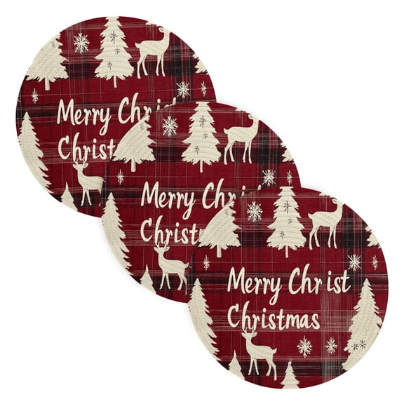BZSMCE Mats for Pots,Pans Place Christmas Dark Red Plaid Print with Reindeer Simple Style Pattern Pot Mats