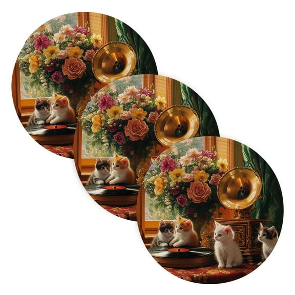 BZSMCE Mats for Pots,Pans Place Kittens with Flowers and Gramophone Simple Style Pattern Pot Mats