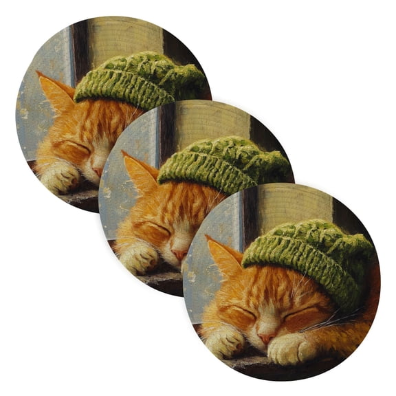 BZSMCE Mats for Pots,Pans Place Sleepping Green Caps Cat Simple Style Pattern Pot Mats