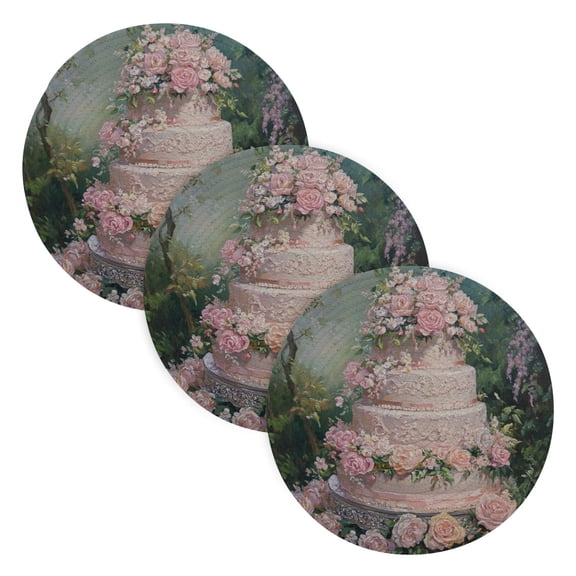 BZSMCE Mats for Pots,Pans Place Tiered Cake with Pink Roses Simple Style Pattern Pot Mats