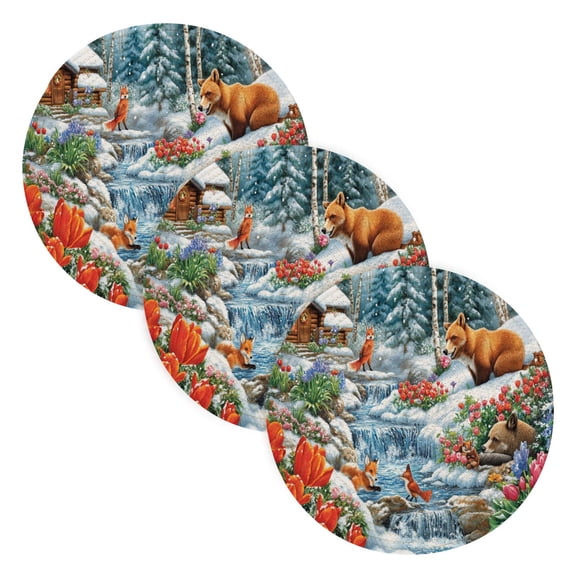 BZSMCE Mats for Pots,Pans Place Winter Scene with Animals Cabin Simple Style Pattern Pot Mats