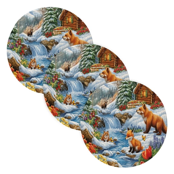 BZSMCE Mats for Pots,Pans Place Winter Scene with Animals Cabin Simple Style Pattern Pot Mats