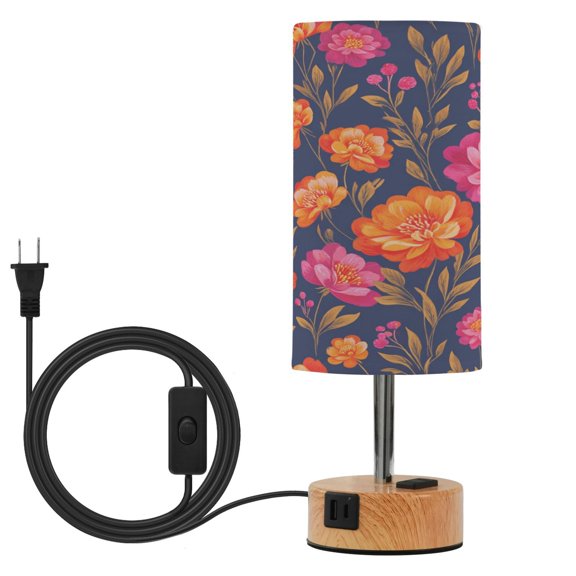 BZSMCE Midnight Bloom Printed 3 Color Touch Control Table Lamp Linen Shade LED Nightstand Lamp with Wood Grain BaseUS Standard Power Cord