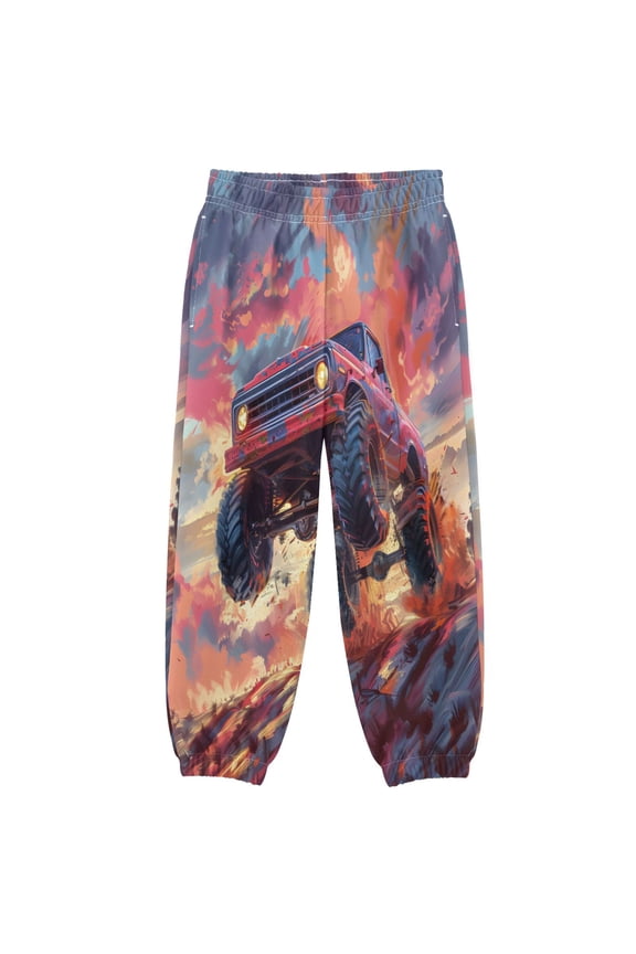BZSMCE Monster Truck Jumping over A Monster Truck in The Style Of Pop-art Inspired Graphic Design Retrowav Print Elastic Waist Jogger Pants Lightweight Wind Resistant Casual Athletic Trousers with Cu