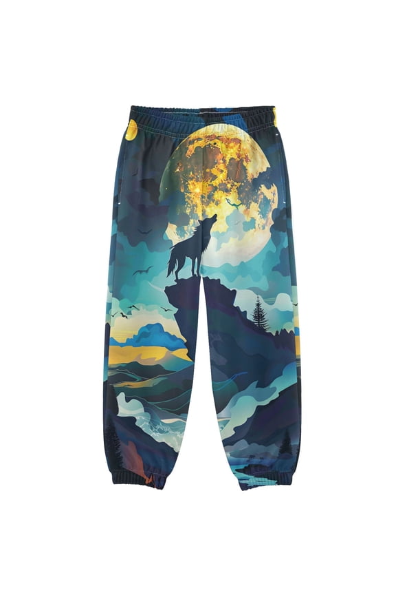 BZSMCE Moon Wolf Howl Print Elastic Waist Jogger Pants Lightweight Wind Resistant Casual Athletic Trousers with Cuffed Ankles & Side Pockets