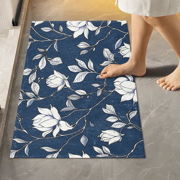 BZSMCE Navy Magnolia Bloom Pattern 2-Piece Non-Slip Absorbent Bathroom Rug Set, Soft Bath Mat & Toilet Rug
