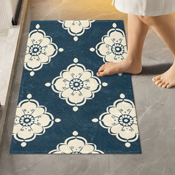 BZSMCE Navycreamfloral Pattern Pattern 2-Piece Non-Slip Absorbent Bathroom Rug Set, Soft Bath Mat & Toilet Rug