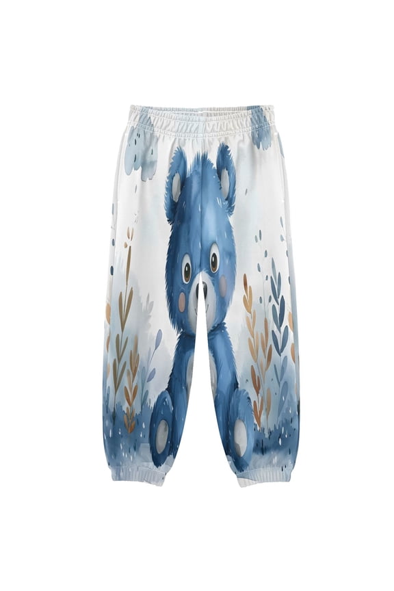BZSMCE Nursery for Boys Cute Blue Bears and Grey Clouds Many Objects Zoomed Out White Background Water Print Elastic Waist Jogger Pants Lightweight Wind Resistant Casual Athletic Trousers with Cu