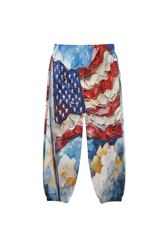 BZSMCE Oil Painting Of The American Flag Print Elastic Waist Jogger Pants Lightweight Wind Resistant Casual Athletic Trousers with Cuffed Ankles & Side Pockets