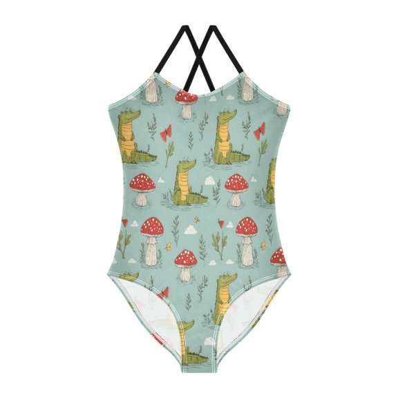 BZSMCE One-Piece Swimsuit with Crisscross StrapsAlligator Mushroom Pattern