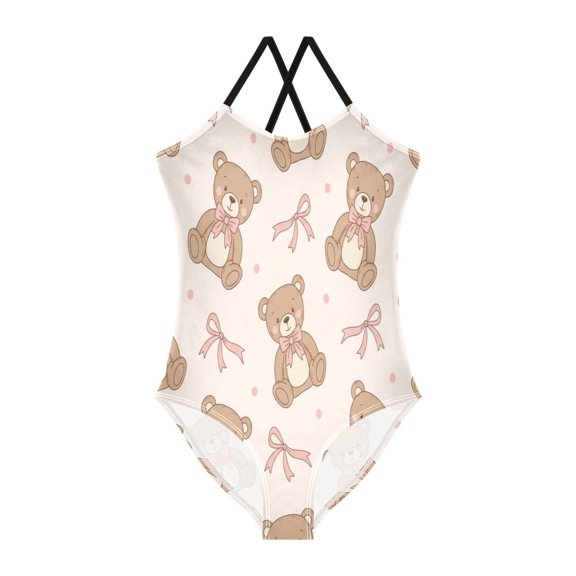 BZSMCE One-Piece Swimsuit with Crisscross StrapsAnimal Bear Pink Ribbon Bow Pattern