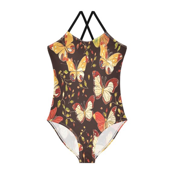 BZSMCE One-Piece Swimsuit with Crisscross StrapsAutumn Butterfly Pattern