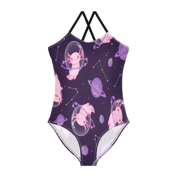 BZSMCE One-Piece Swimsuit with Crisscross StrapsAxolotl Planet Pattern
