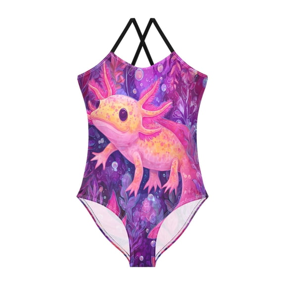 BZSMCE One-Piece Swimsuit with Crisscross StrapsAxolotl SeaweedPattern