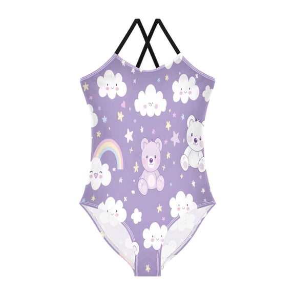 BZSMCE One-Piece Swimsuit with Crisscross StrapsBear Rainbow Clouds Pattern