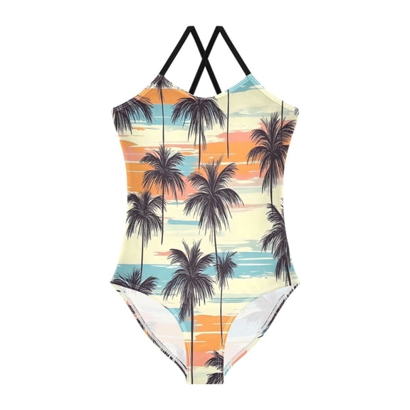 BZSMCE One-Piece Swimsuit with Crisscross StrapsBlack Tropical Palm Tree Pattern