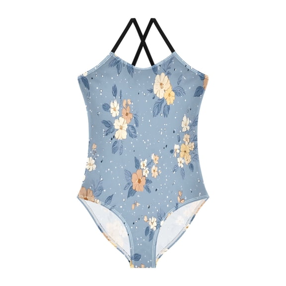 BZSMCE One-Piece Swimsuit with Crisscross StrapsBlue Background Floral Pattern
