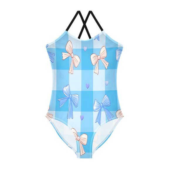 BZSMCE One-Piece Swimsuit with Crisscross StrapsBlue Checkered Bow Pattern