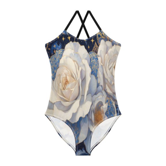 BZSMCE One-Piece Swimsuit with Crisscross StrapsBlue & Ivory Roses Pattern