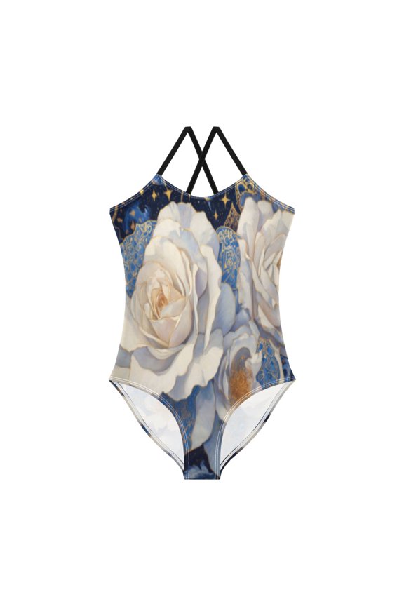 BZSMCE One-Piece Swimsuit with Crisscross StrapsBlue & Ivory Roses Pattern