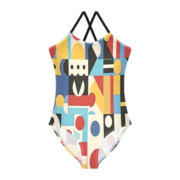 BZSMCE One-Piece Swimsuit with Crisscross StrapsBlue Red Yellow Geometric Pattern