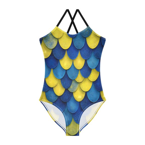 BZSMCE One-Piece Swimsuit with Crisscross StrapsBlue Yellow Scale Pattern