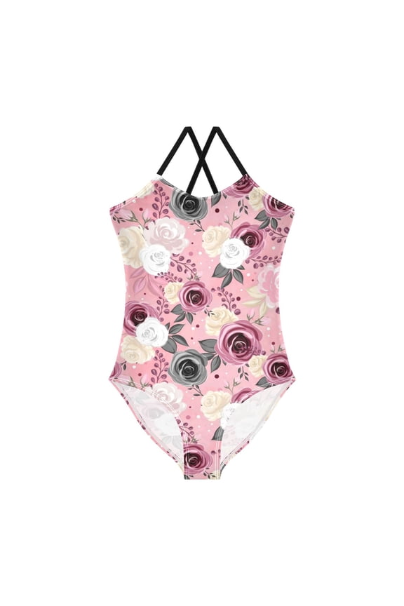 BZSMCE One-Piece Swimsuit with Crisscross StrapsBlush & Noir Roses Pattern