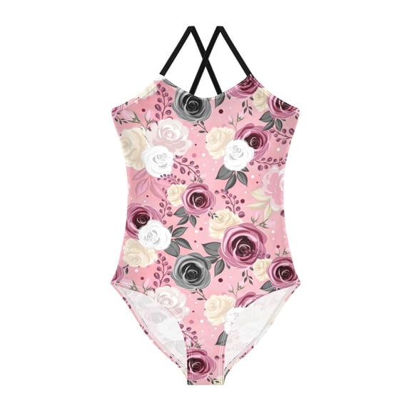 BZSMCE One-Piece Swimsuit with Crisscross StrapsBlush & Noir Roses Pattern