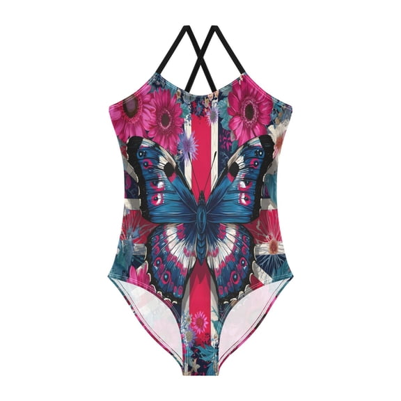 BZSMCE One-Piece Swimsuit with Crisscross StrapsButterfly Flower FlagPattern