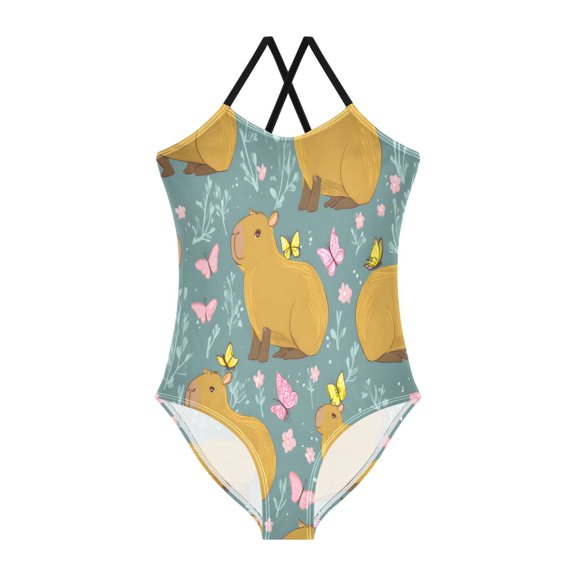 BZSMCE One-Piece Swimsuit with Crisscross StrapsCapybaras Butterfly Pattern