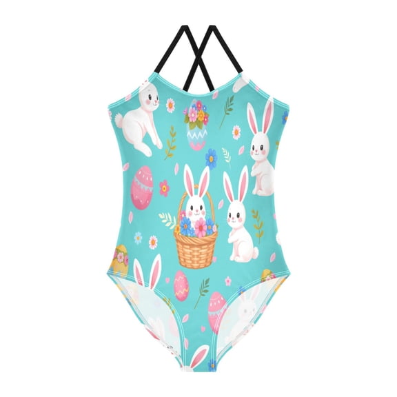 BZSMCE One-Piece Swimsuit with Crisscross StrapsCartoon Rabbit Easter Egg Pattern