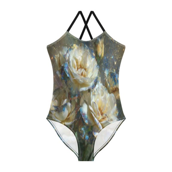 BZSMCE One-Piece Swimsuit with Crisscross StrapsCelestial Ivory Roses Pattern
