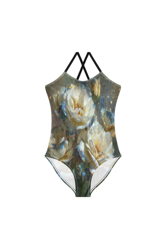 BZSMCE One-Piece Swimsuit with Crisscross StrapsCelestial Ivory Roses Pattern