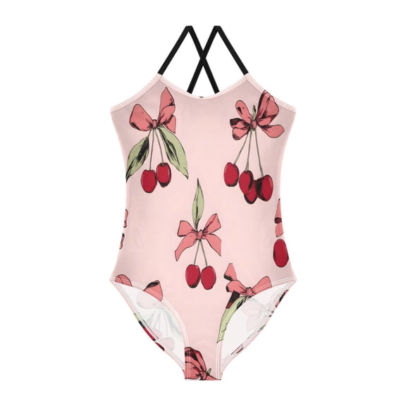 BZSMCE One-Piece Swimsuit with Crisscross StrapsCherry Pink Bow Pattern