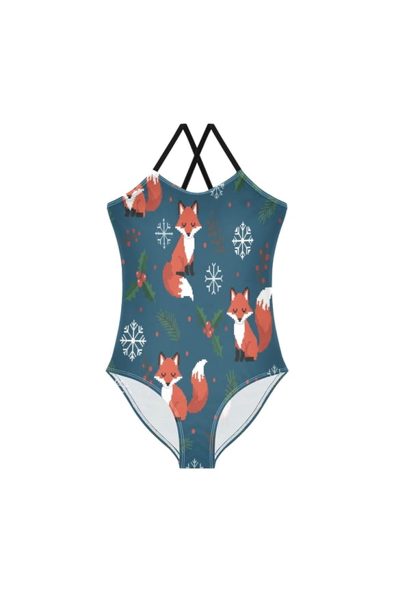 BZSMCE One-Piece Swimsuit with Crisscross StrapsChristmas fox Pattern