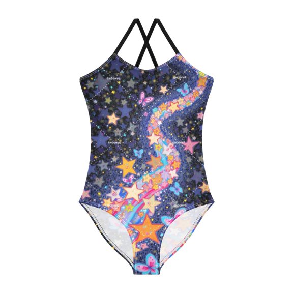 BZSMCE One-Piece Swimsuit with Crisscross StrapsColorful starry Pattern
