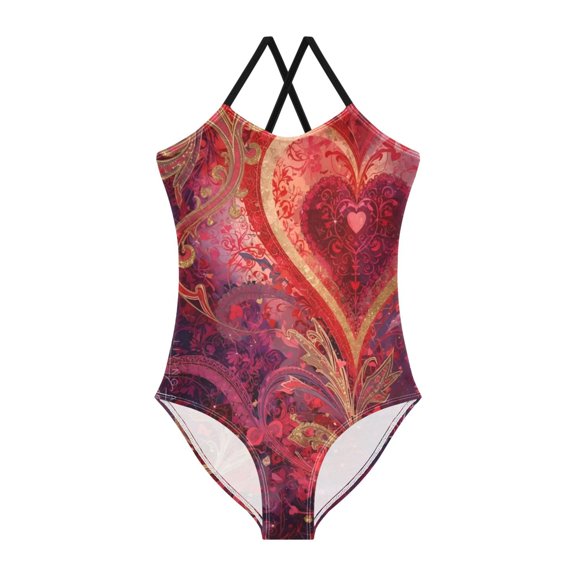 BZSMCE One-Piece Swimsuit with Crisscross StrapsCrimson Heart Flourish Pattern