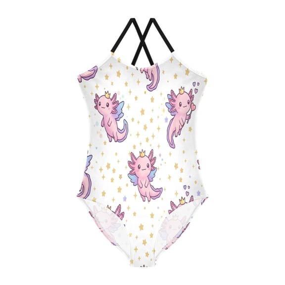 BZSMCE One-Piece Swimsuit with Crisscross StrapsCrown Axolotl Pattern