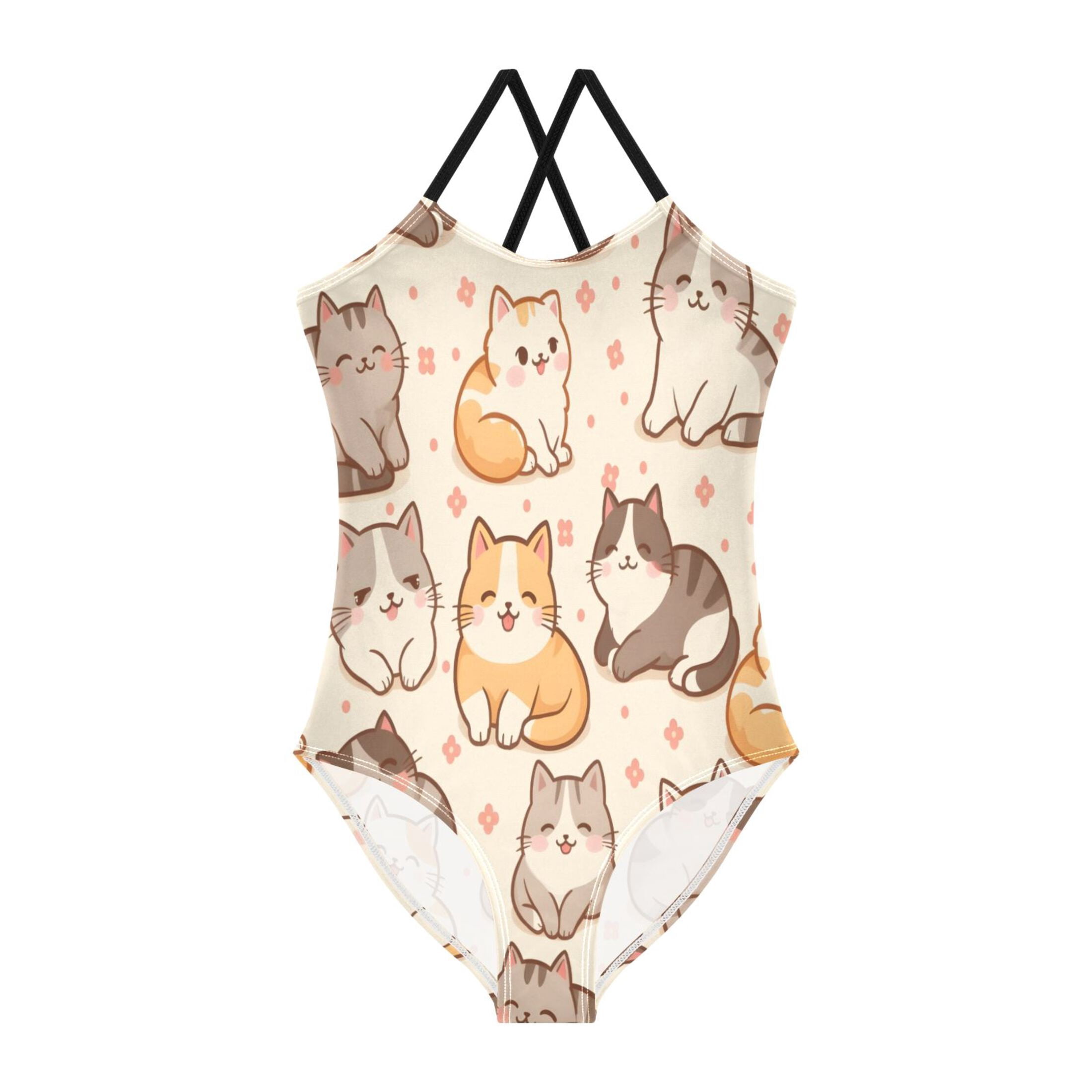 BZSMCE One-Piece Swimsuit with Crisscross StrapsCute Striped Kitten ...