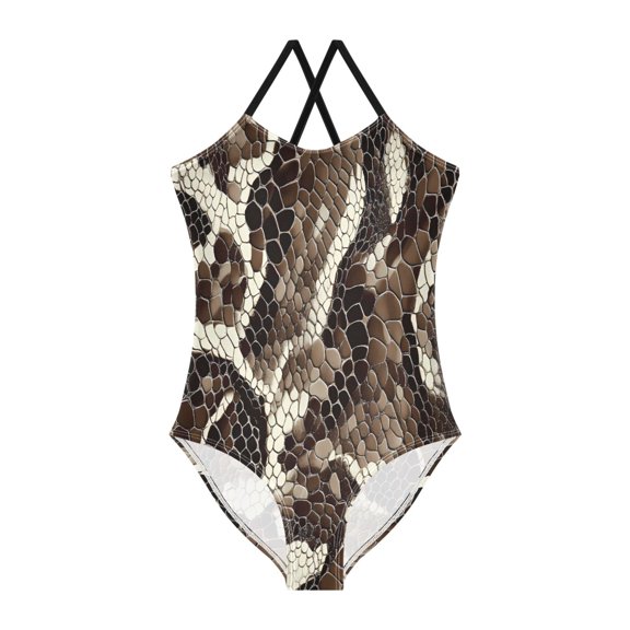 BZSMCE One-Piece Swimsuit with Crisscross StrapsDark Brown Python Pattern
