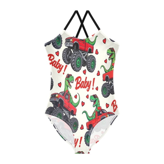 BZSMCE One-Piece Swimsuit with Crisscross StrapsDinosaur Truck Pattern
