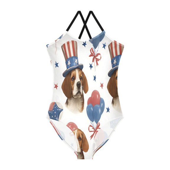BZSMCE One-Piece Swimsuit with Crisscross StrapsDog Wearing Hat Pattern