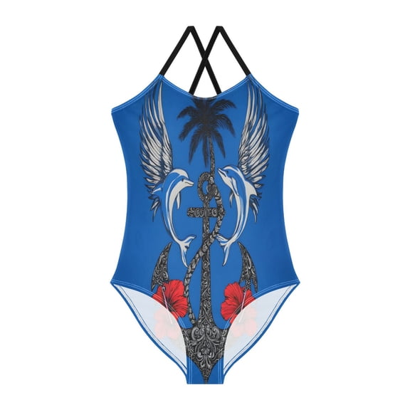 BZSMCE One-Piece Swimsuit with Crisscross StrapsDolphin Boat AnchorPattern