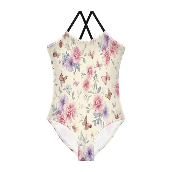 BZSMCE One-Piece Swimsuit with Crisscross StrapsEarthy Butterflies Pattern