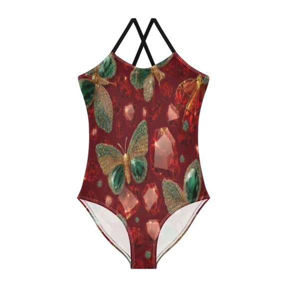 BZSMCE One-Piece Swimsuit with Crisscross StrapsEmerald Butterflies on Ruby Pattern