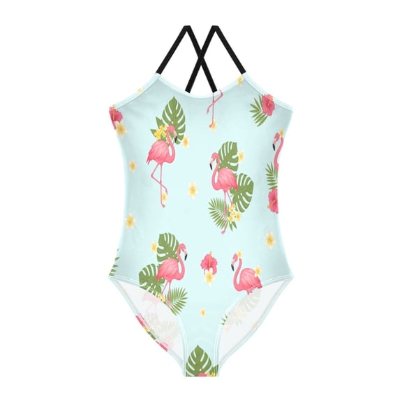 BZSMCE One-Piece Swimsuit with Crisscross StrapsFlamingo Hibiscus Monstera Deliciosa Pattern