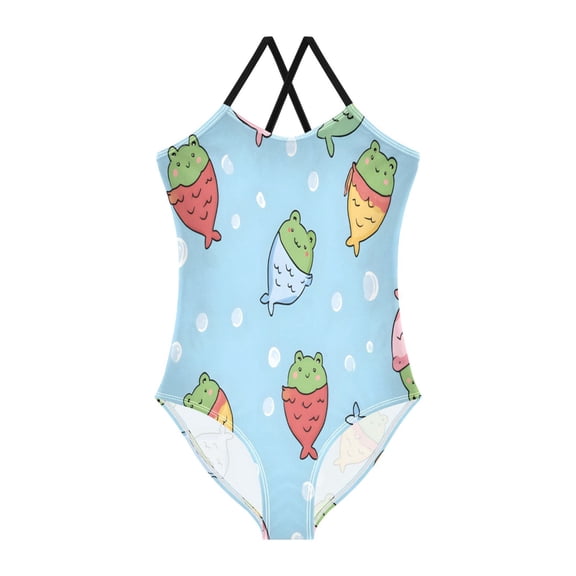 BZSMCE One-Piece Swimsuit with Crisscross StrapsFrog And Mermaid Pattern