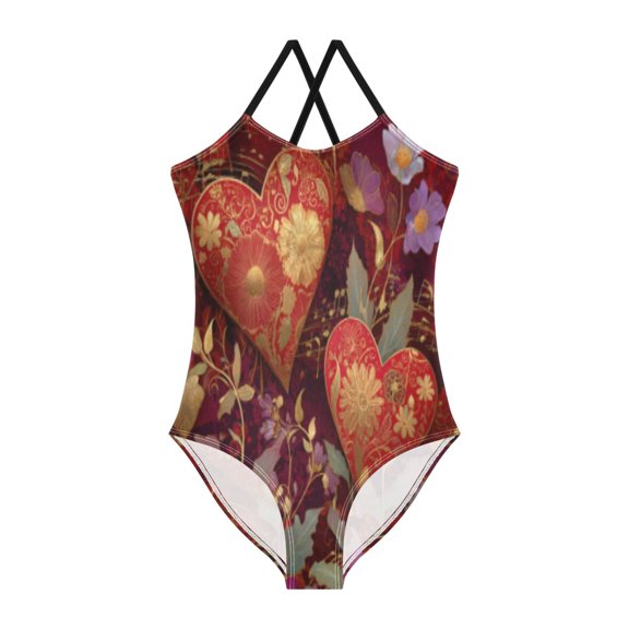 BZSMCE One-Piece Swimsuit with Crisscross StrapsGilded Ruby Heartscape Pattern
